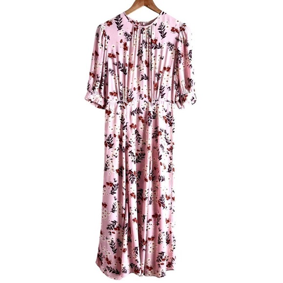 by TiMo Pink Floral Midi Dress Short Puff Sleeves‎ Bloom 50s Print, Size Small - Picture 2 of 16